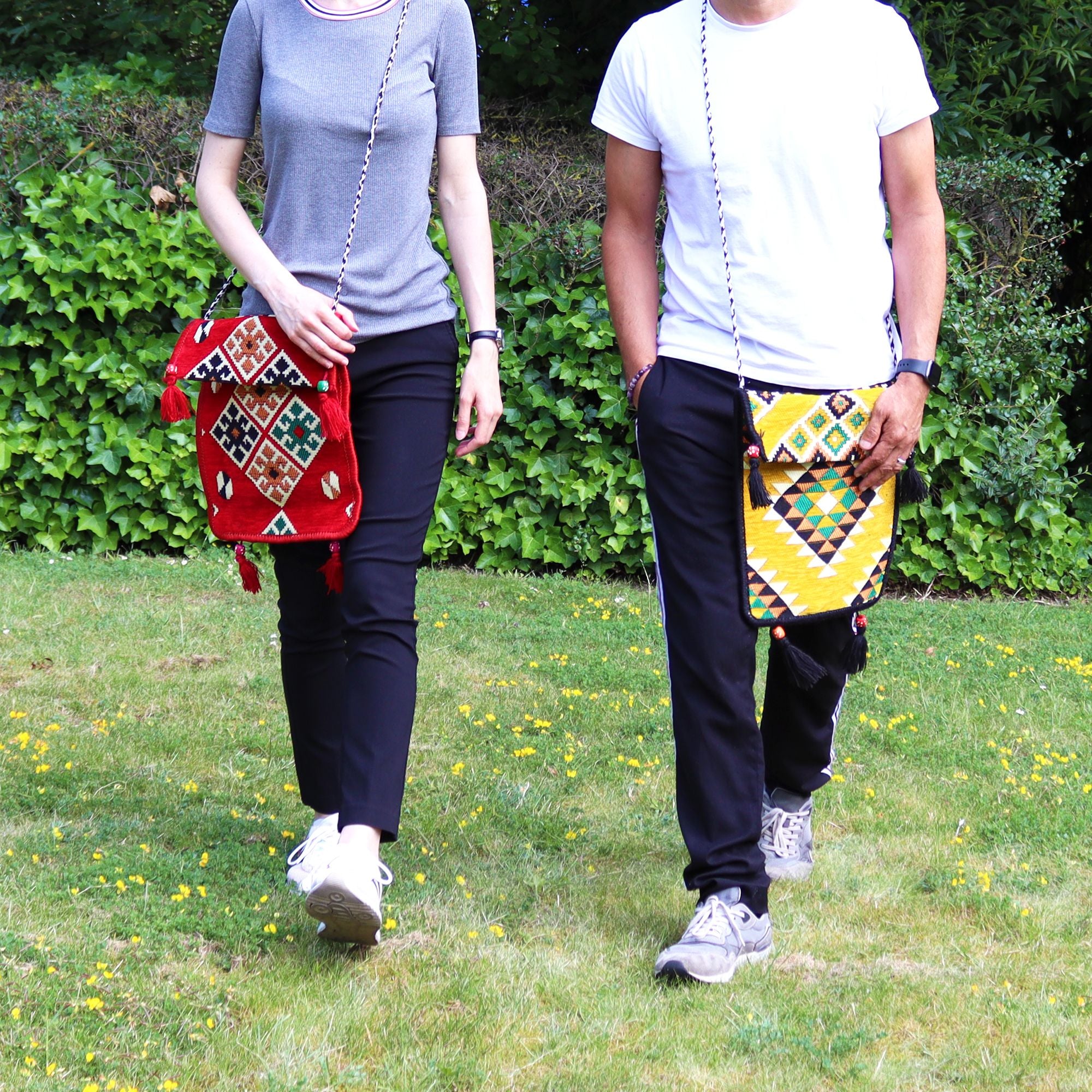 Yellow Kilim Messenger Festival Bag with Vibrant Patterns