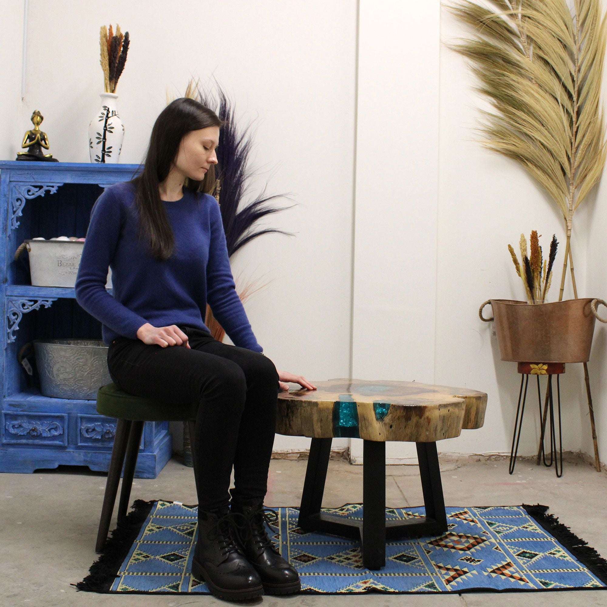 Tamarind and Resin Coffee Table in Aqua for Modern Interiors