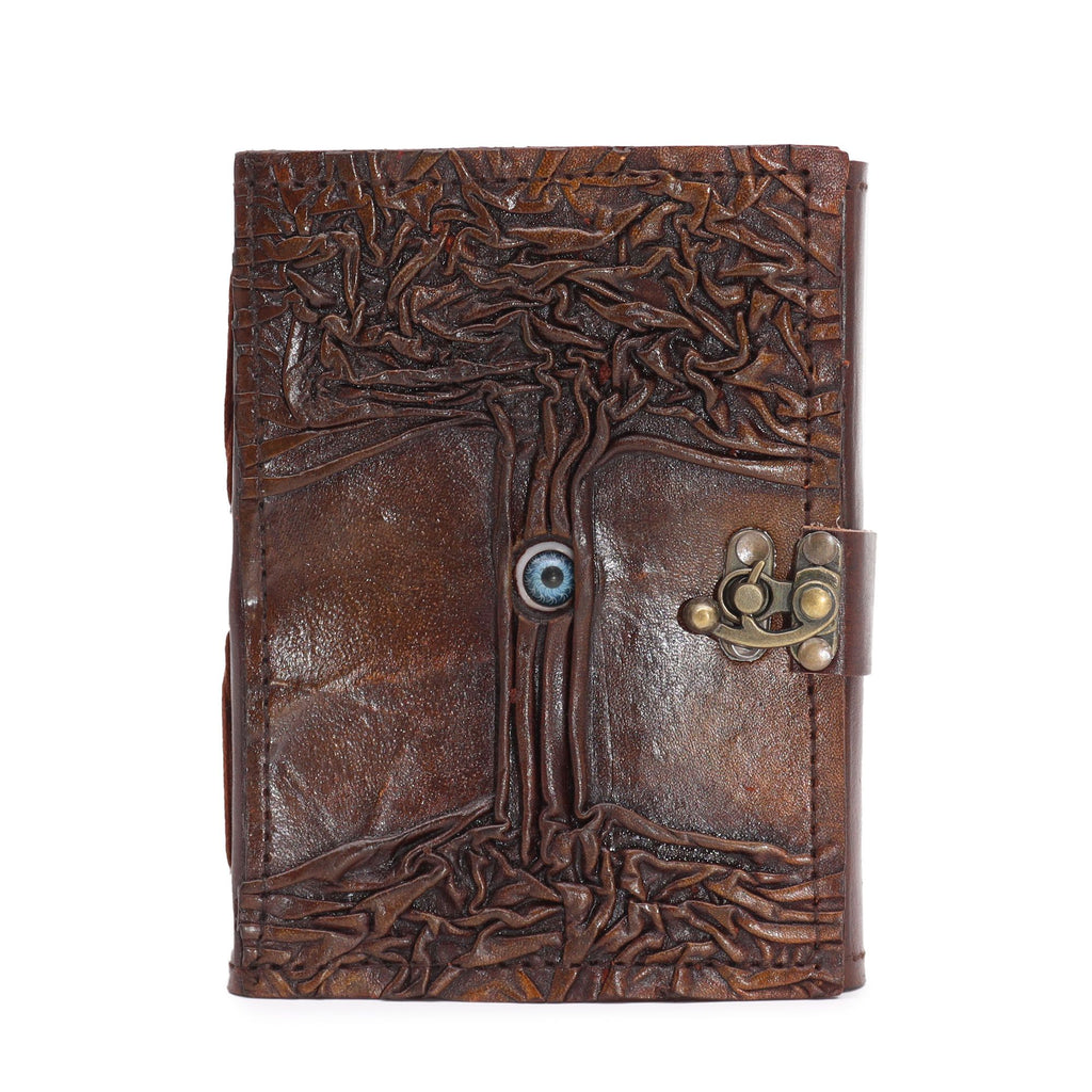 Black Tan Leather Notebook with Evil Eye Decor and Deckle Edges