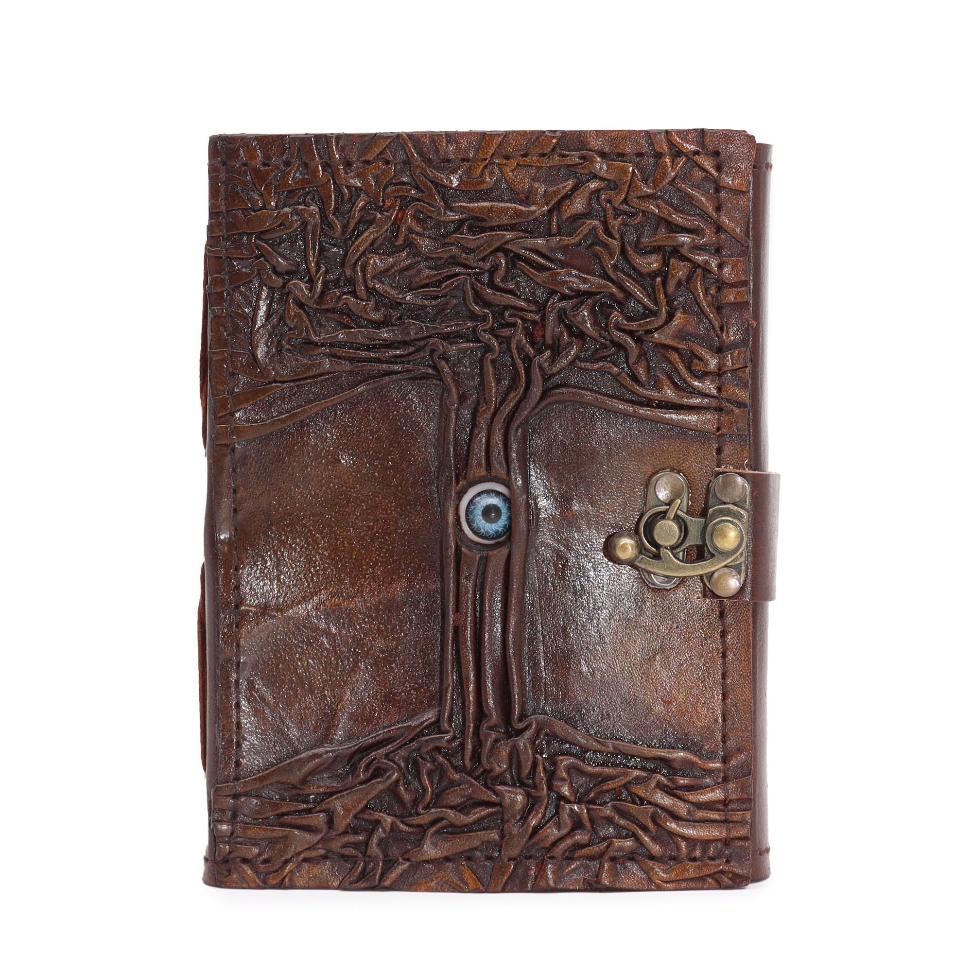 Black Tan Leather Notebook with Evil Eye Decor and Deckle Edges