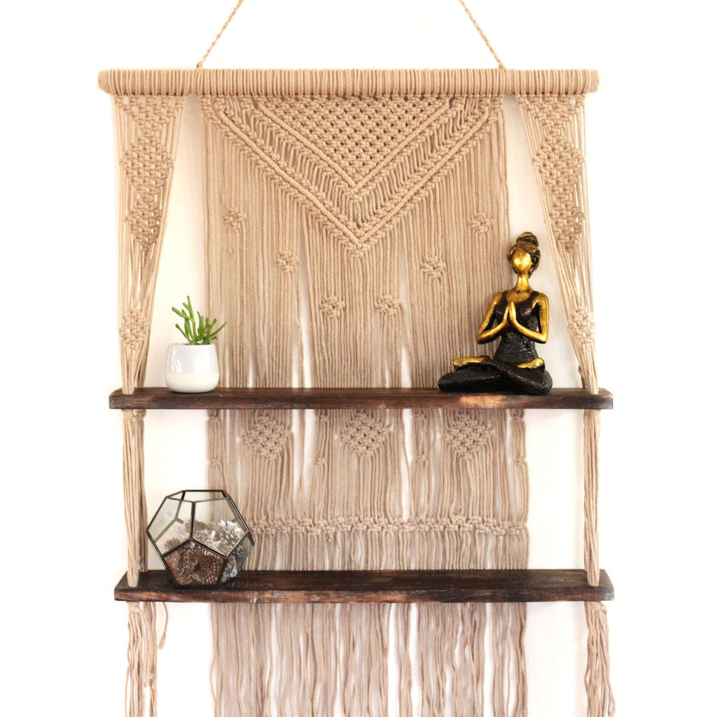 Brown Macrame Hanging Shelves for Boho Home Decor Display