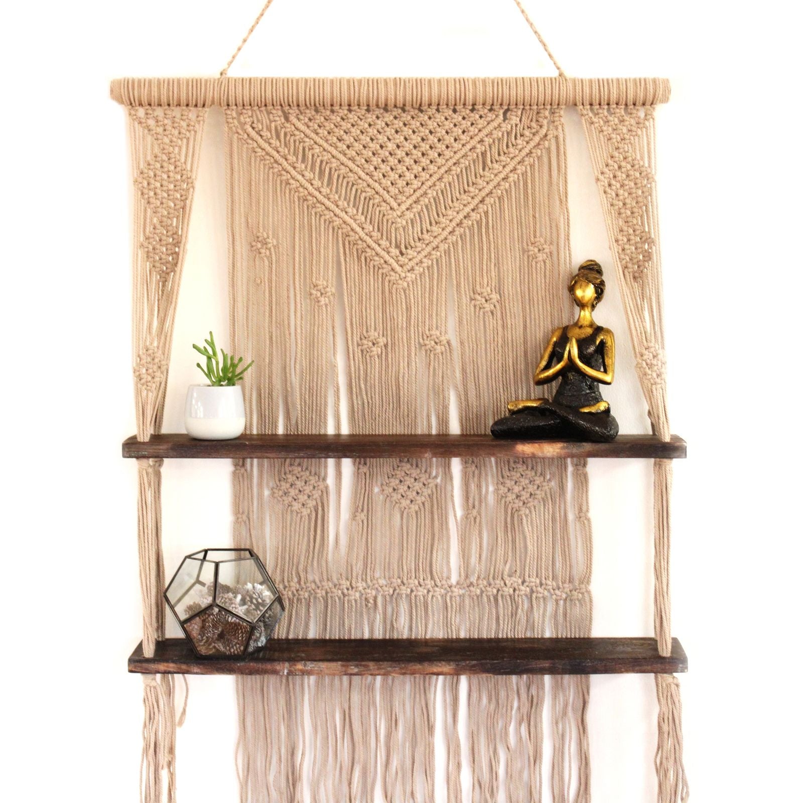 Brown Macrame Hanging Shelves for Boho Home Decor Display