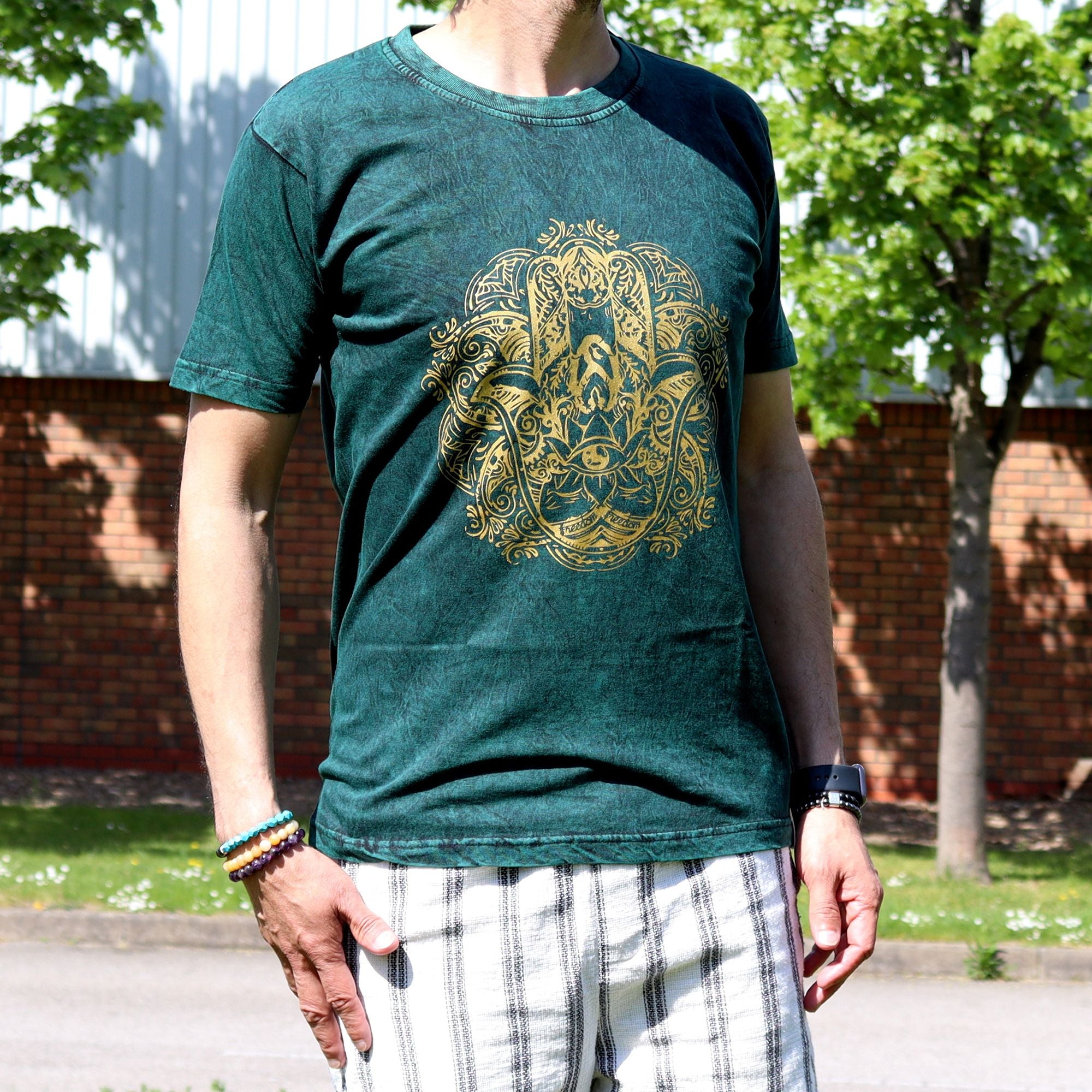 Nomad Sari Stonewashed Cotton T Shirt with Hamsa Design in Green