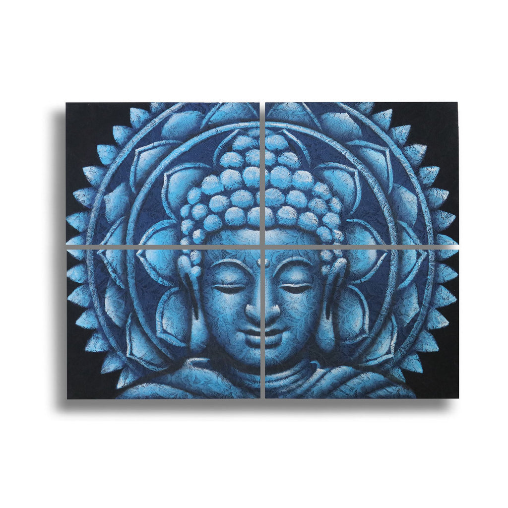 Set of 4 Blue Buddha Mandala Brocade Detail Paintings 30x40cm