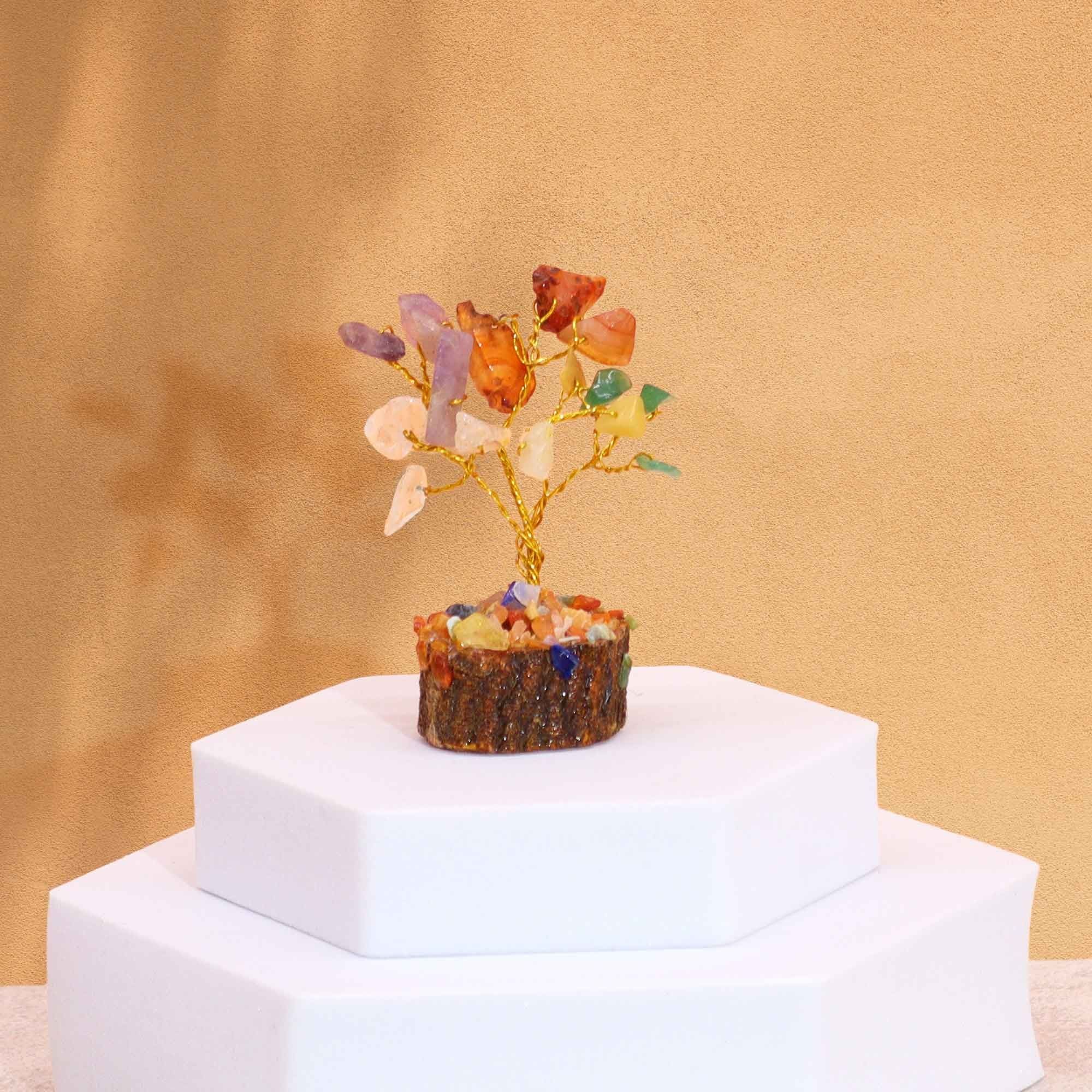 Mini Gemstone Tree on Wood Base with 15 Colourful Stones Display