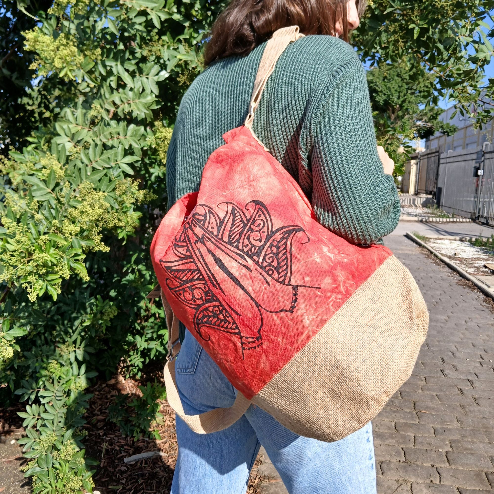 All Natural Backpack in Orange Stonewash with Namaste Hand Design