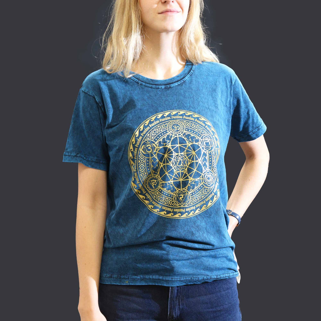 Nomad Sari Stonewashed Cotton T Shirt in Chakra Blue Small Size