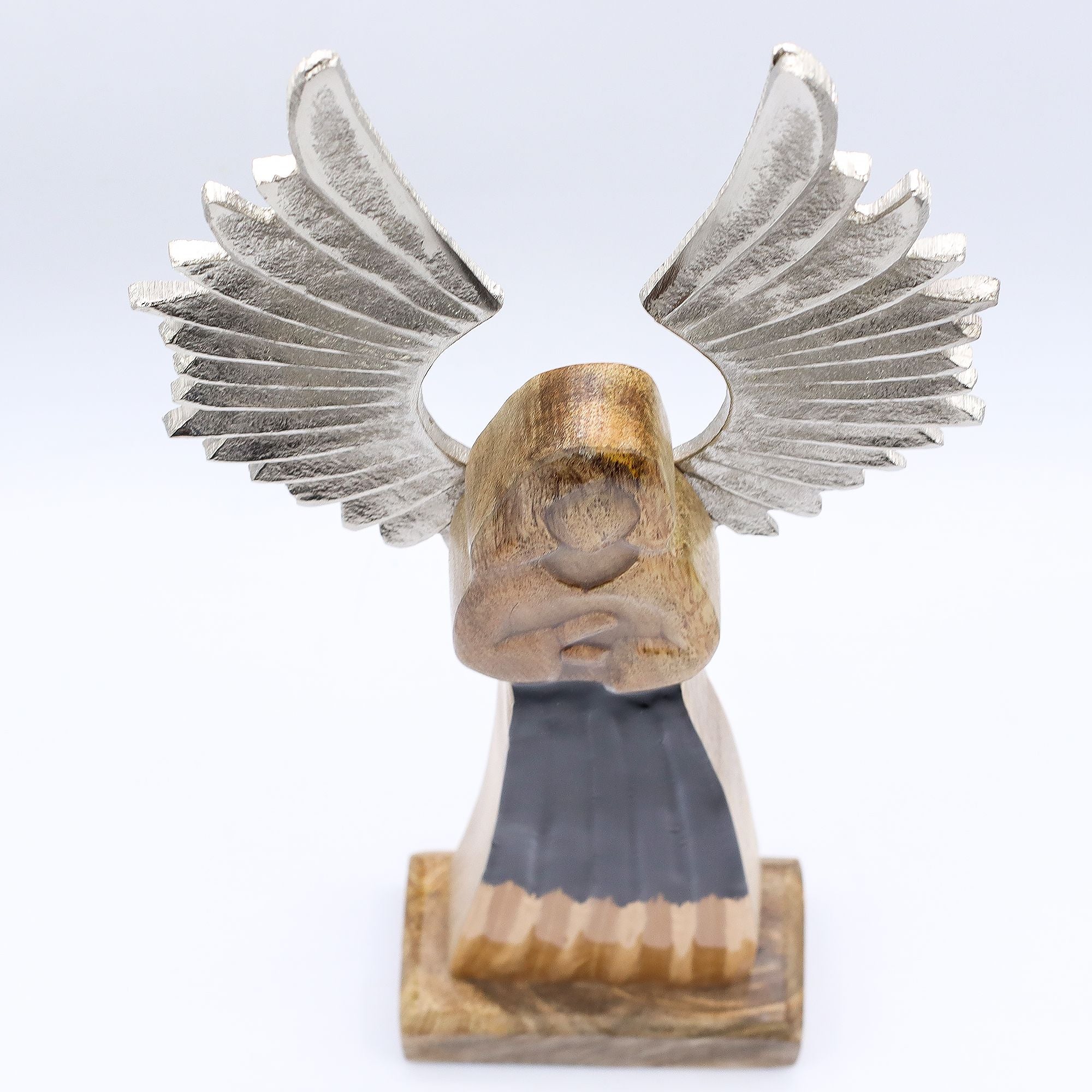 Large Mango Wood Guardian Angel with Metal Wings & Enamel Detail