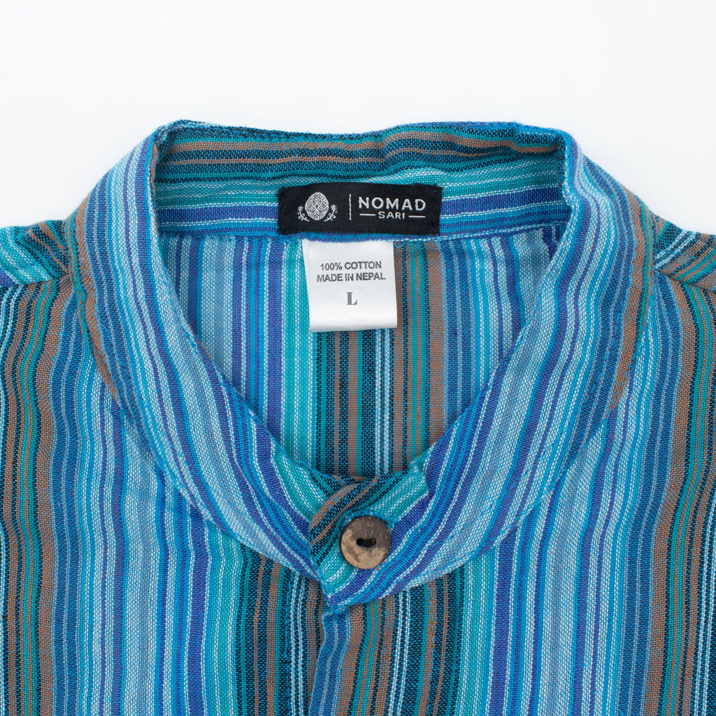 Nomad Sari Grandad Shirt in Turquoise with Striped Pattern