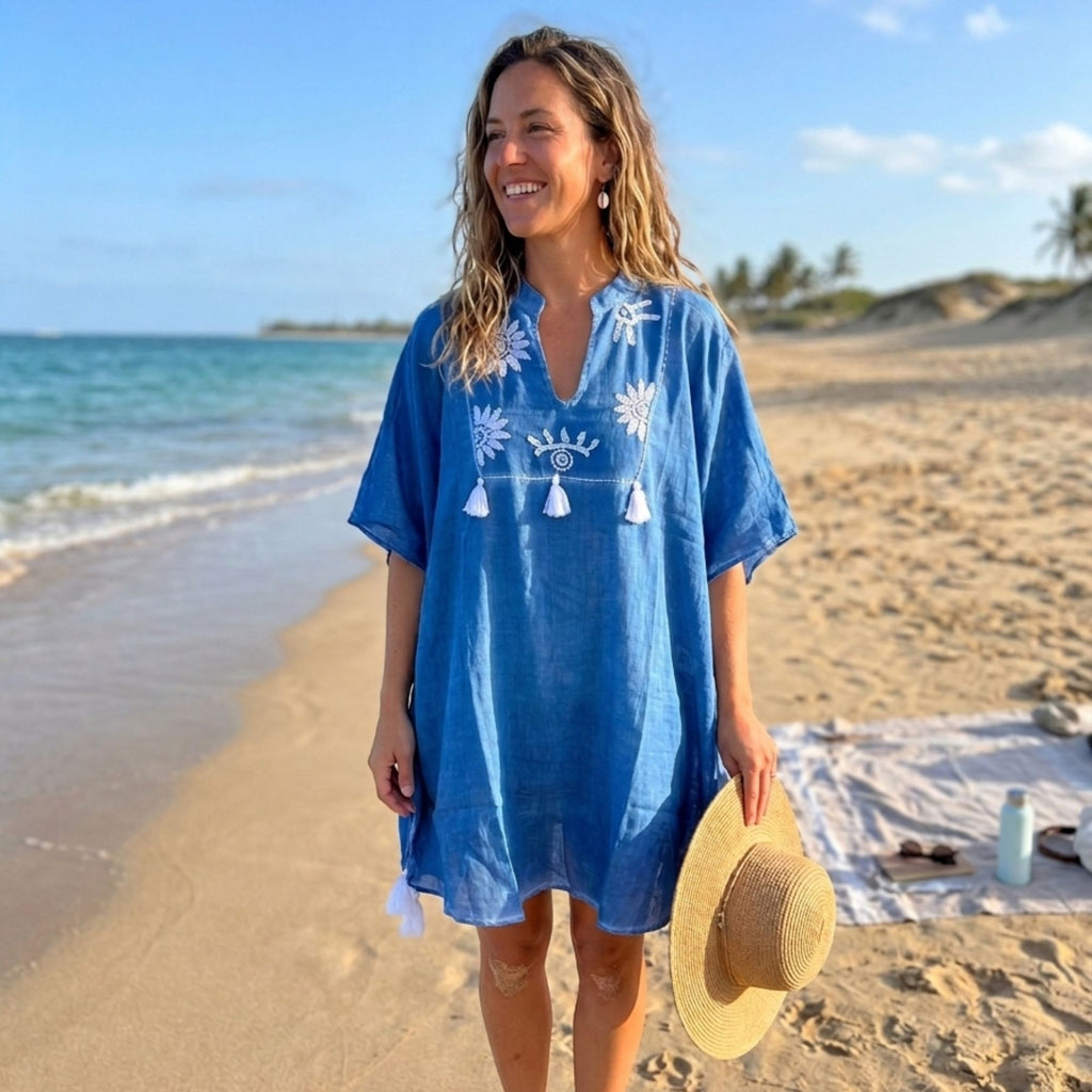 Nomad Sari Kaftan in Blue with Cream Embroidery and Tassels