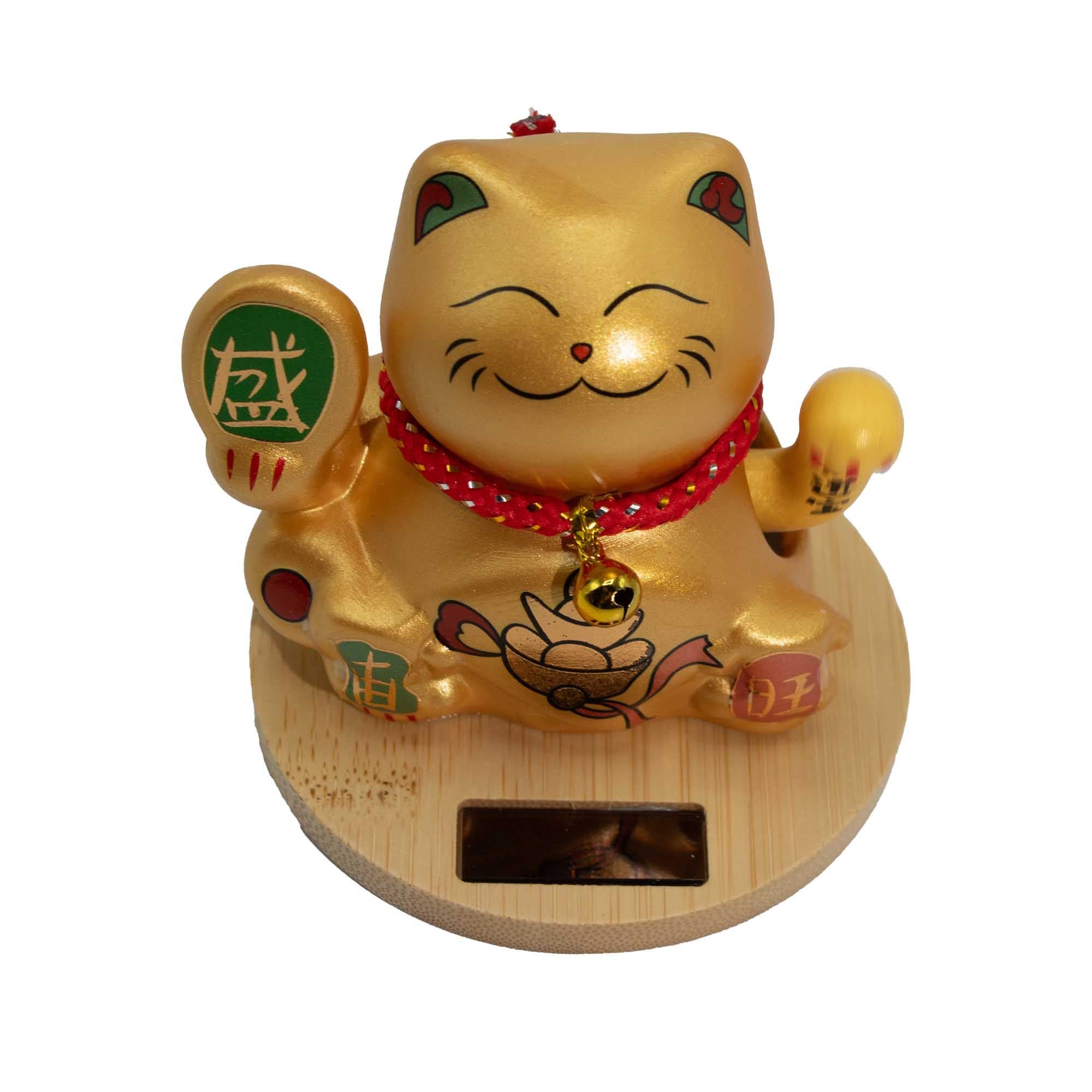 Solar Money Cat with Wooden Base and Gold Moving Hand for Decor