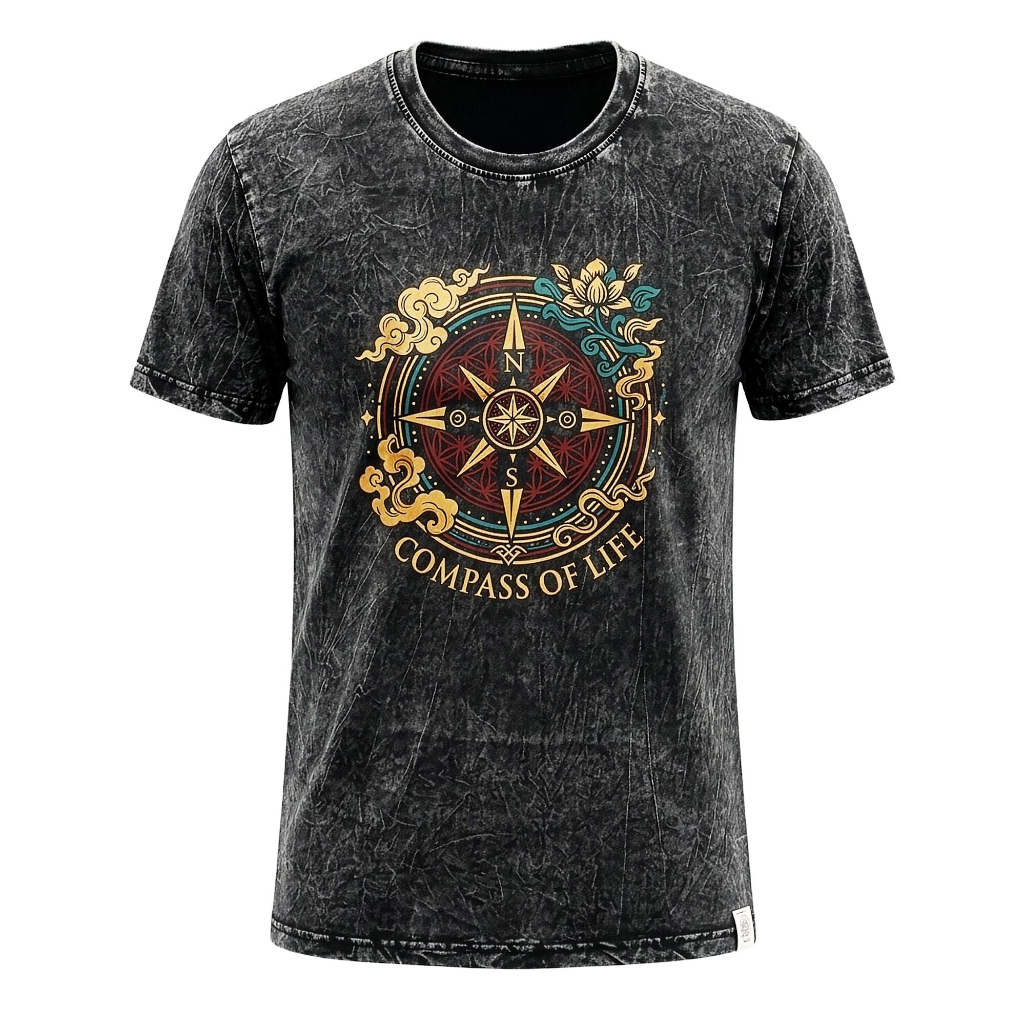 Nomad Sari Stonewashed Cotton T Shirt with Compass Design Charcoal