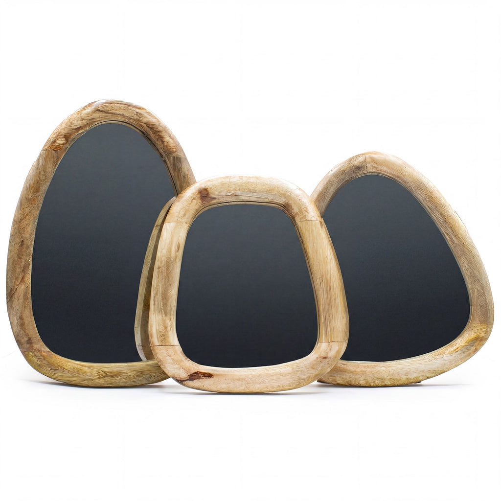 Set of 3 Pebble Shaped Mirrors in Light Wood Finish for Home Decor