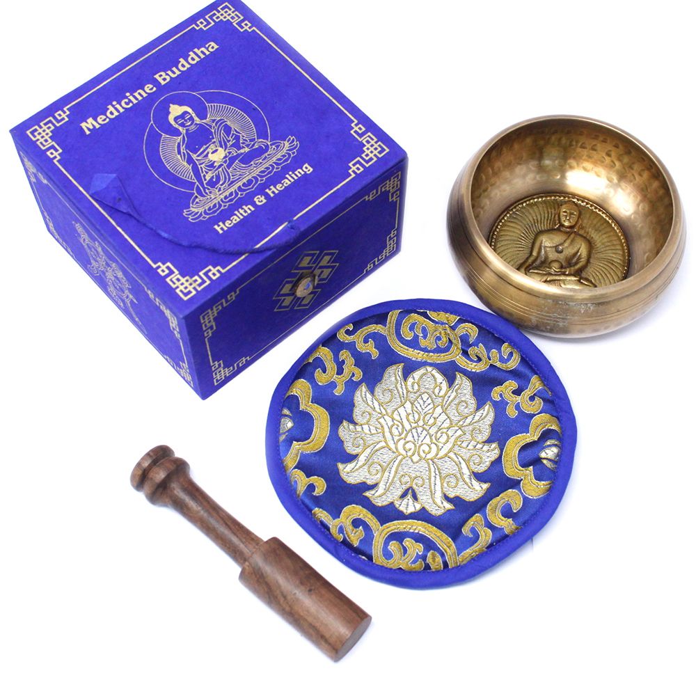 Medicine Buddha Singing Bowl Set 10cm with Cushion and Stick