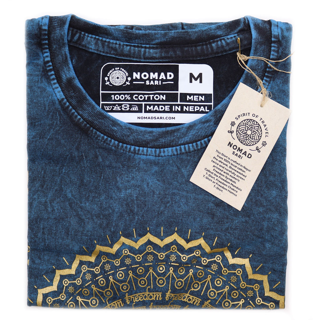 Nomad Sari Stonewashed Cotton T Shirt with Mandala Design in Blue