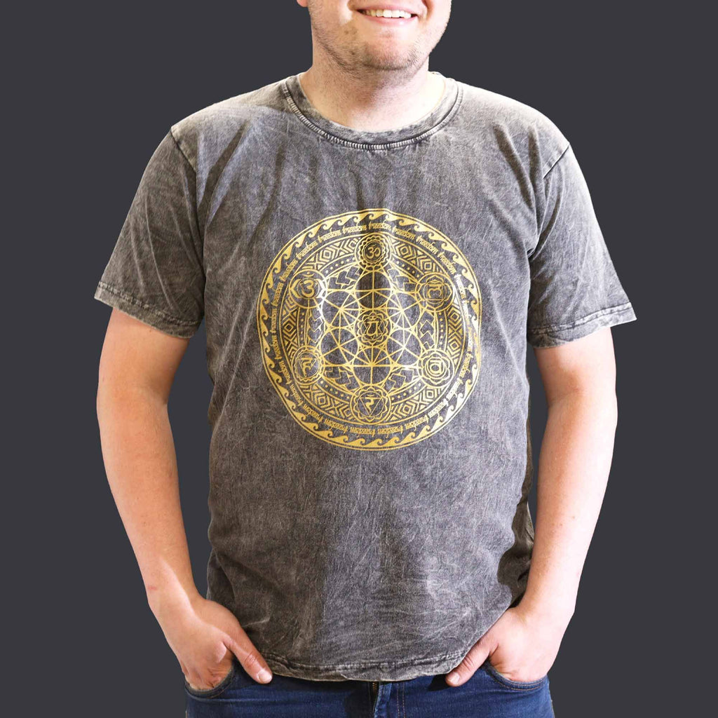 Nomad Sari Stonewashed Cotton T Shirt with Chakra Design in Grey