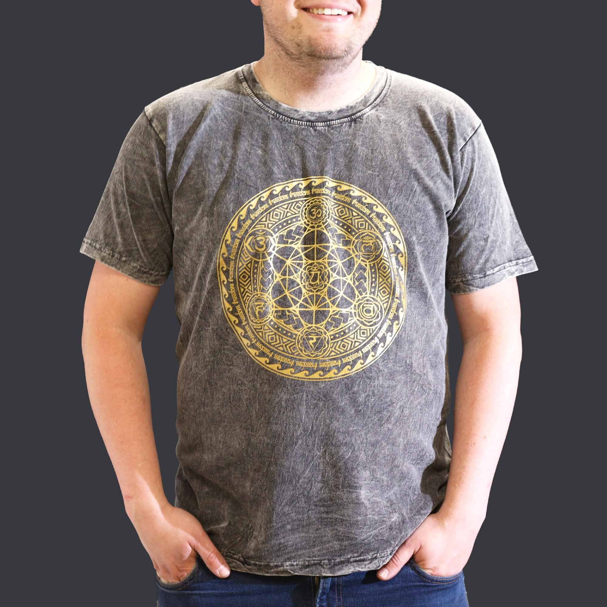 Nomad Sari Stonewashed Cotton T Shirt with Chakra Design in Grey