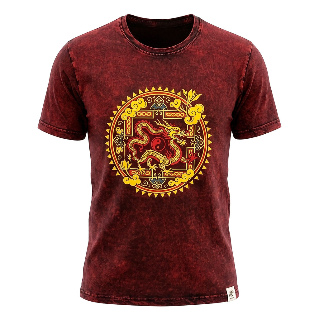 Nomad Sari Stonewashed Cotton T Shirt with Dragon Mandala Design