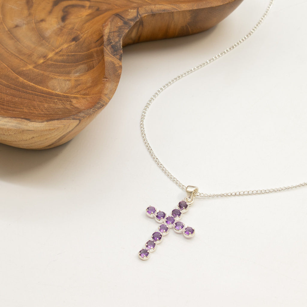 Indian Devotional Pendant with Amethyst Crucifix and Silver Chain