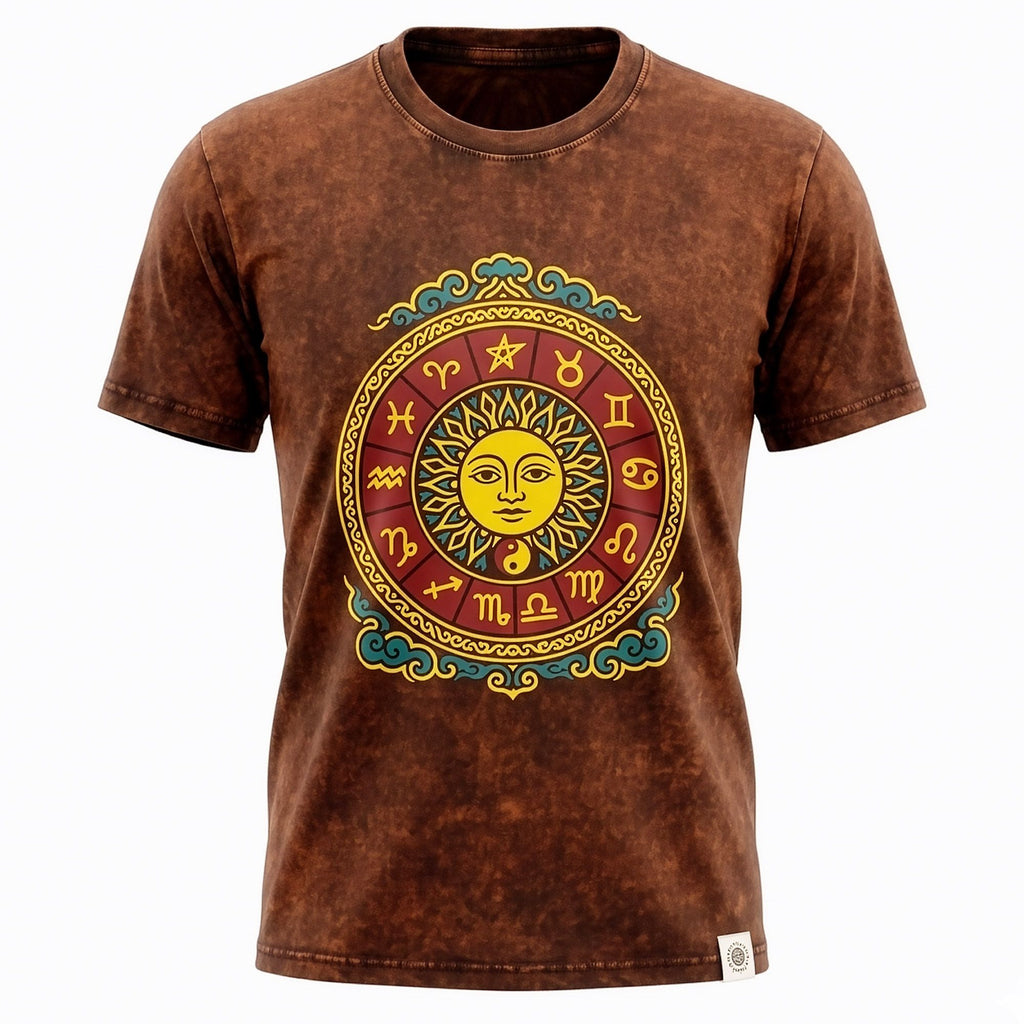 Nomad Sari Stonewashed Cotton T Shirt with Sun and Zodiac Design