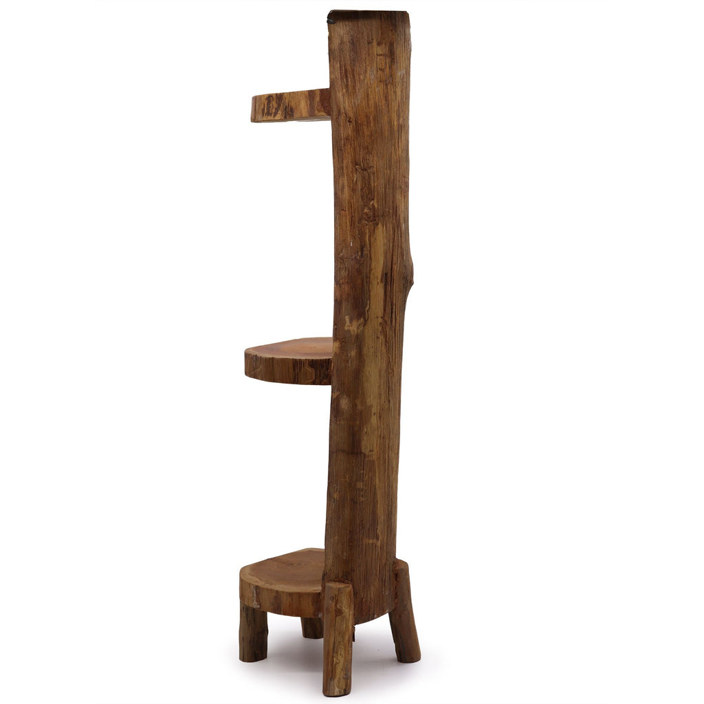 Natural Teak Log Shelve Display Unit with 3 Rustic Shelves