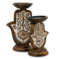 Mango Wood Candle Stand with Hamsa Design for Home Decor