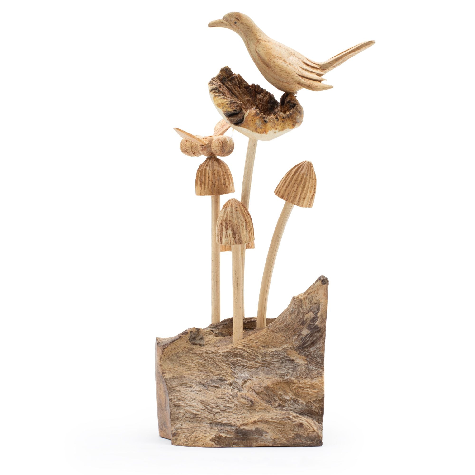 Handmade Parasite Wood Art Carving with Bird and Bee on Mushrooms