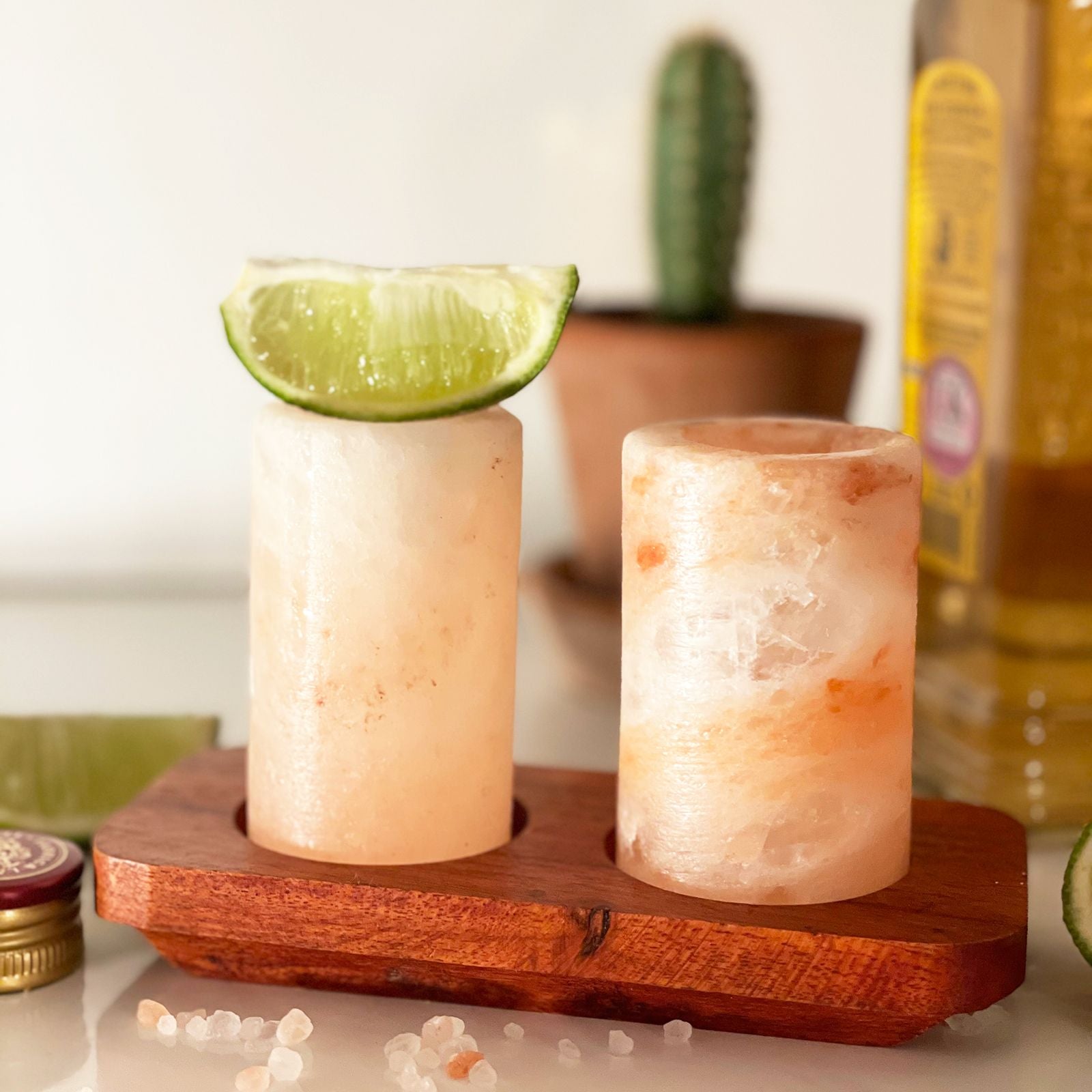Set of 2 Himalayan Salt Shot Glasses with Wood Serving Stand