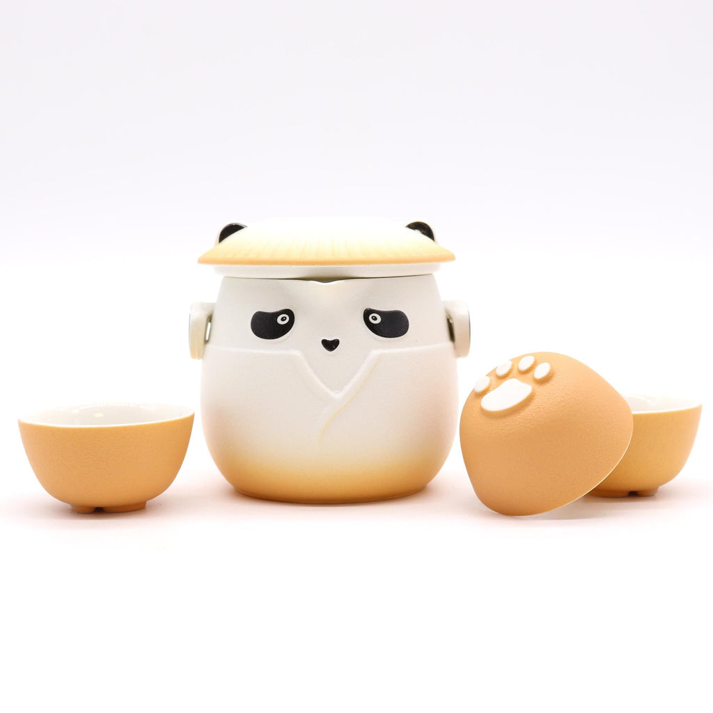 Panda Teapot Set with Three Cups in Vibrant Orange Design