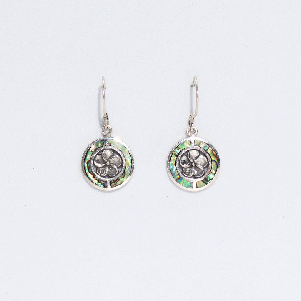 Shell & Silver Earrings with Frangipani Design and Abalone Detail