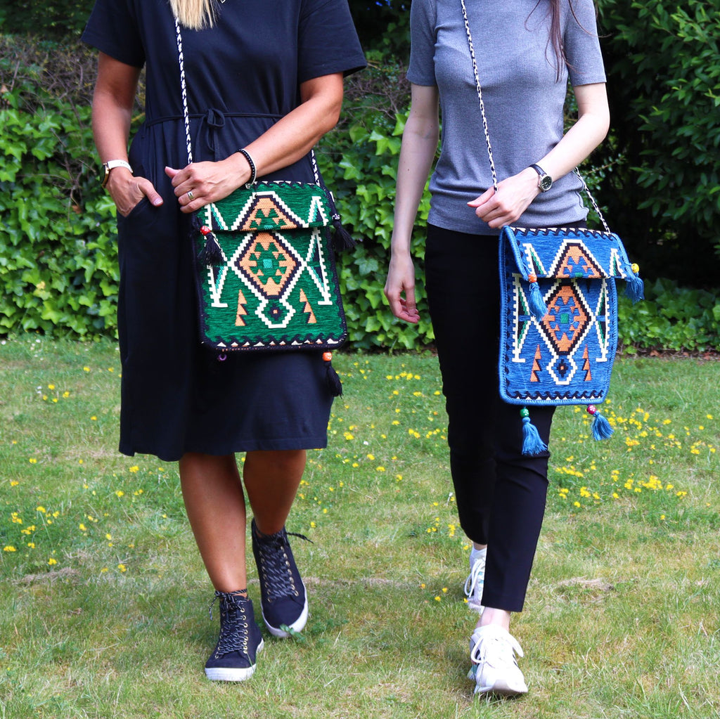 Emerald Green Kilim Messenger Festival Bag for Summer Outings