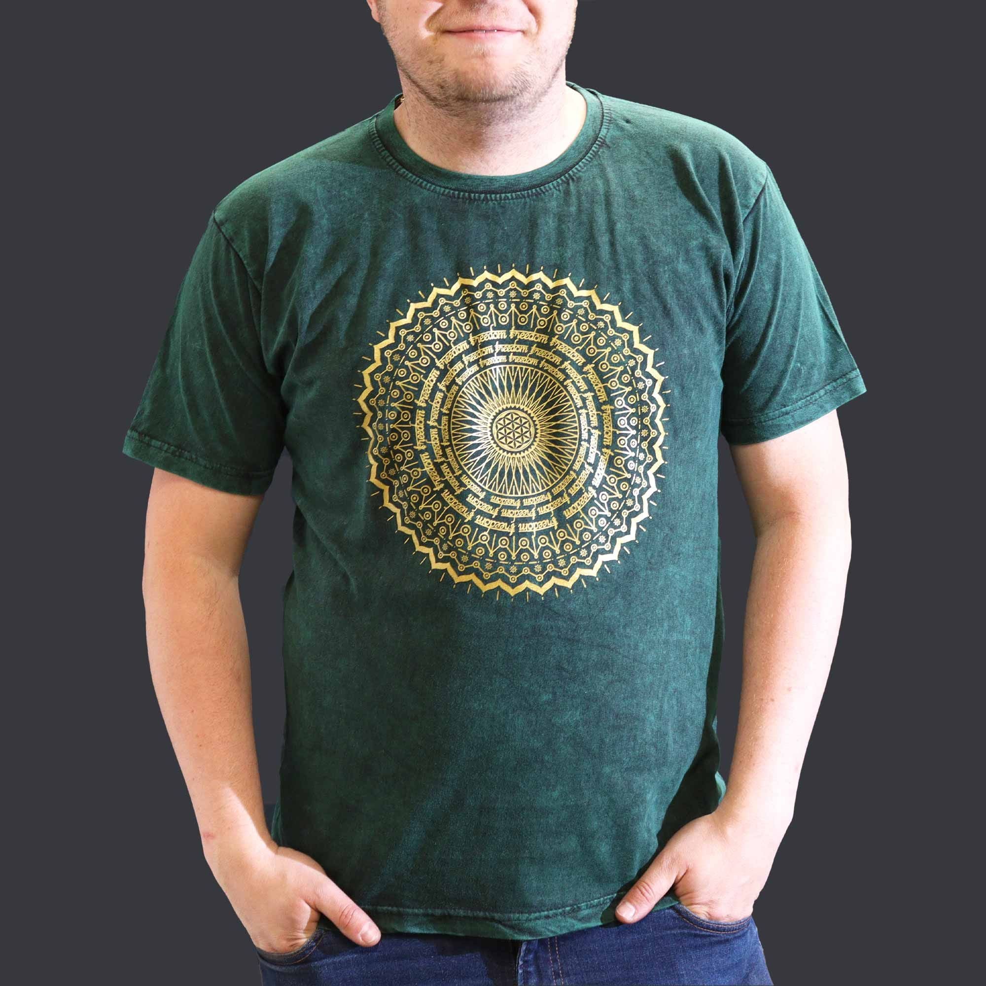 Nomad Sari Stonewashed Cotton T Shirt with Mandala Design Green