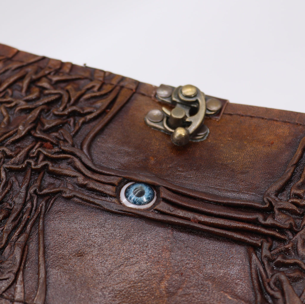 Black Tan Leather Notebook with Evil Eye Decor and Deckle Edges