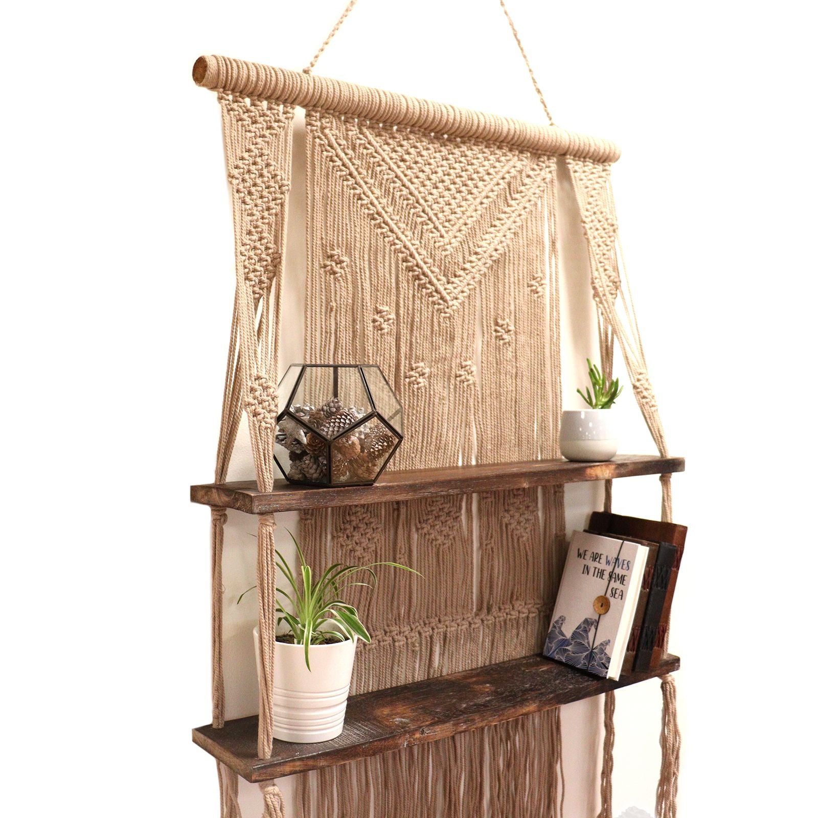 Brown Macrame Hanging Shelves for Boho Home Decor Display