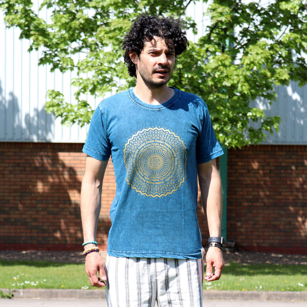 Nomad Sari Stonewashed Cotton T Shirt with Mandala Design in Blue