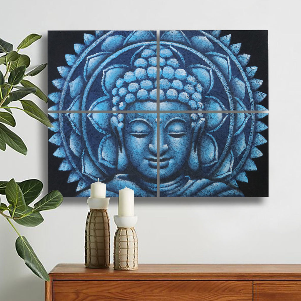 Set of 4 Blue Buddha Mandala Brocade Detail Paintings 30x40cm