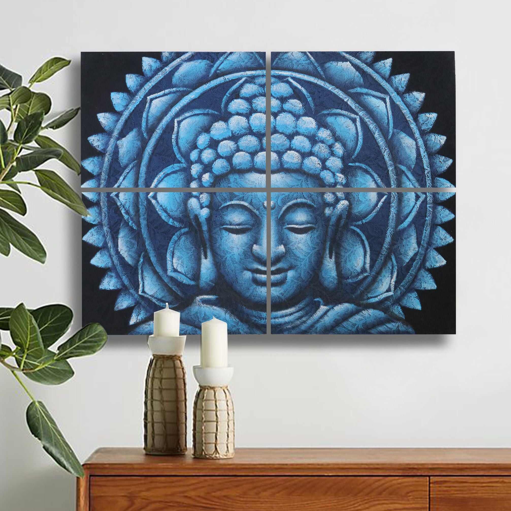 Set of 4 Blue Buddha Mandala Brocade Detail Paintings 30x40cm