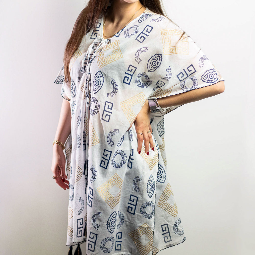 Nomad Sari Kaftan in Blue and Gold with Greek Motif Design
