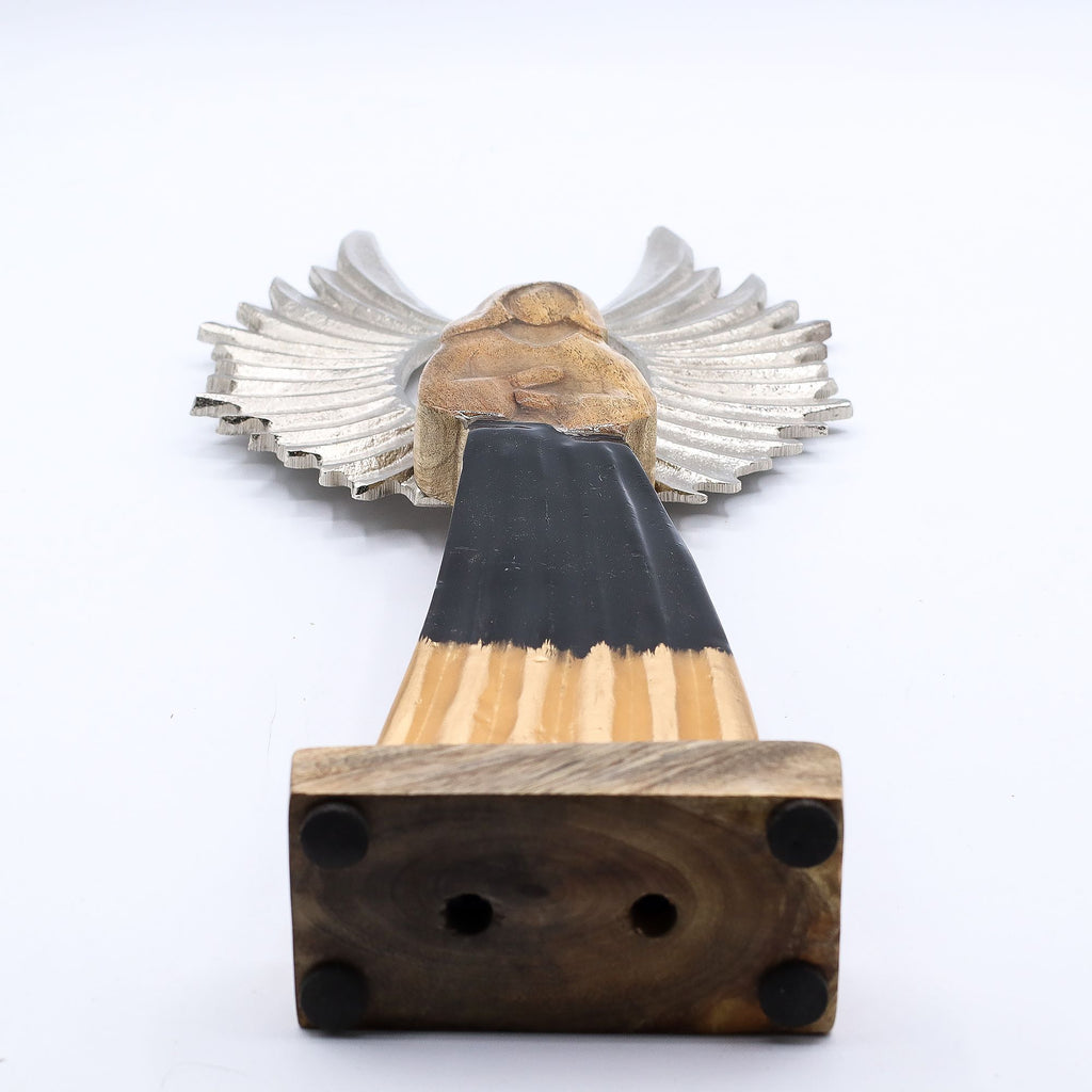 Large Mango Wood Guardian Angel with Metal Wings & Enamel Detail