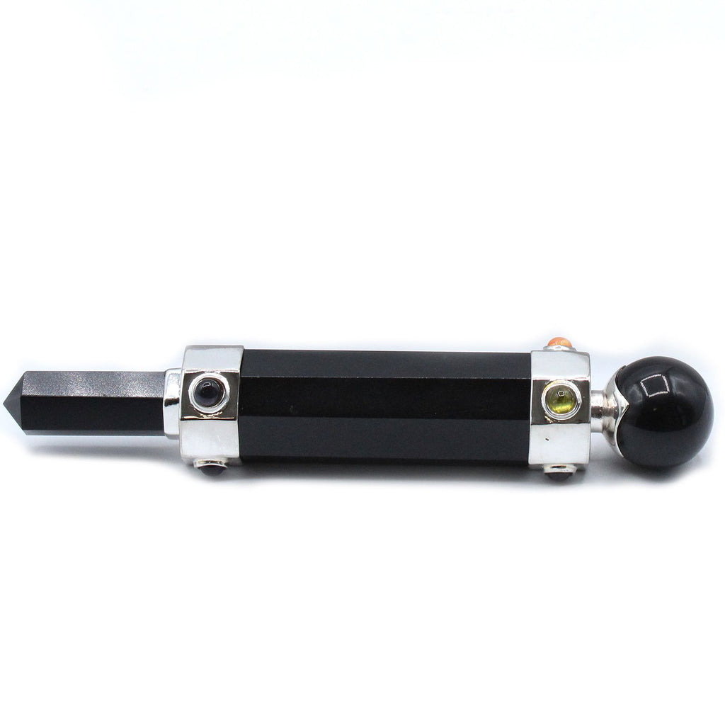 Hexagonal Black Agate Crystal Healing Wand 12cm for Display Use
