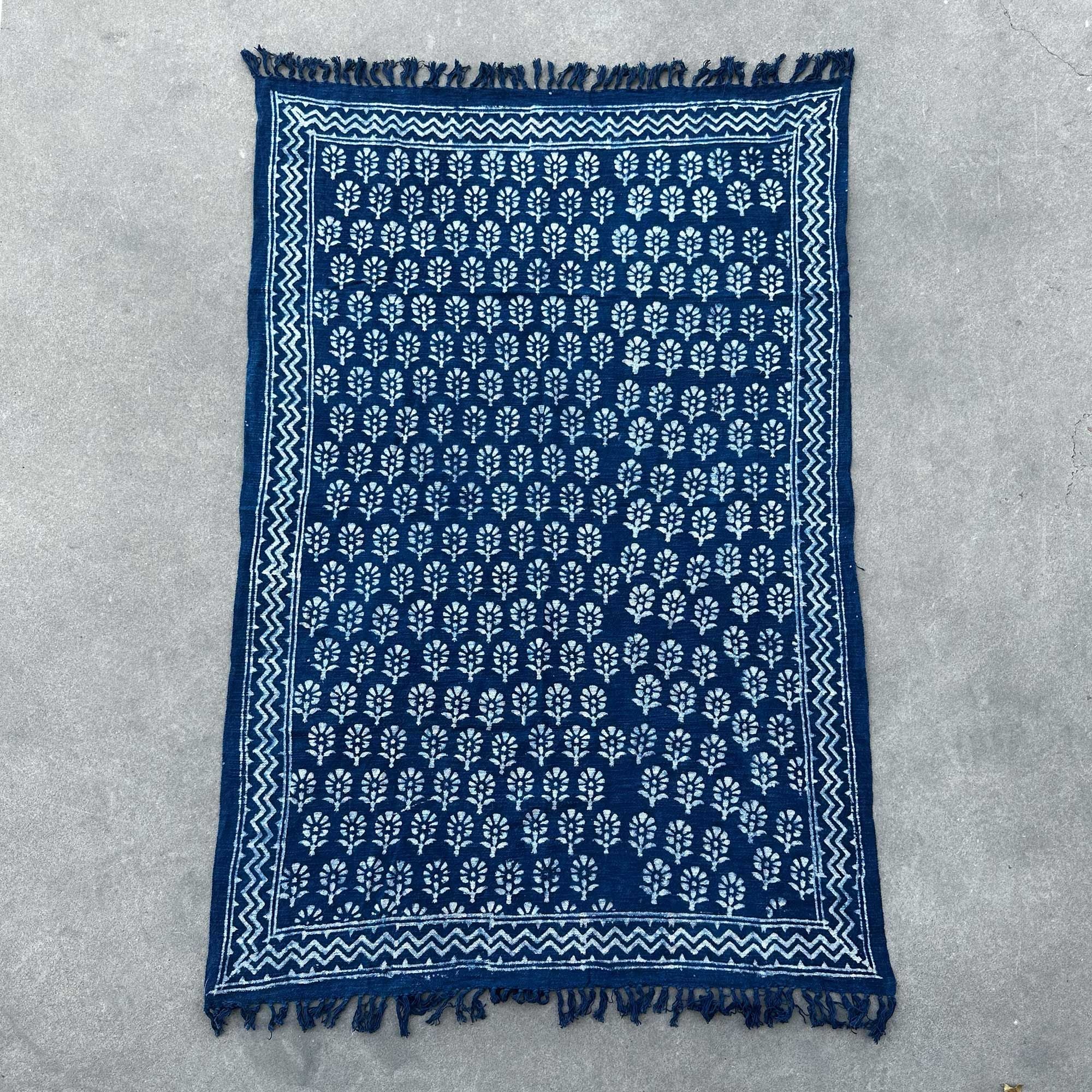 Handmade Indigo Throw with Chhota Flower Design for Home Decor