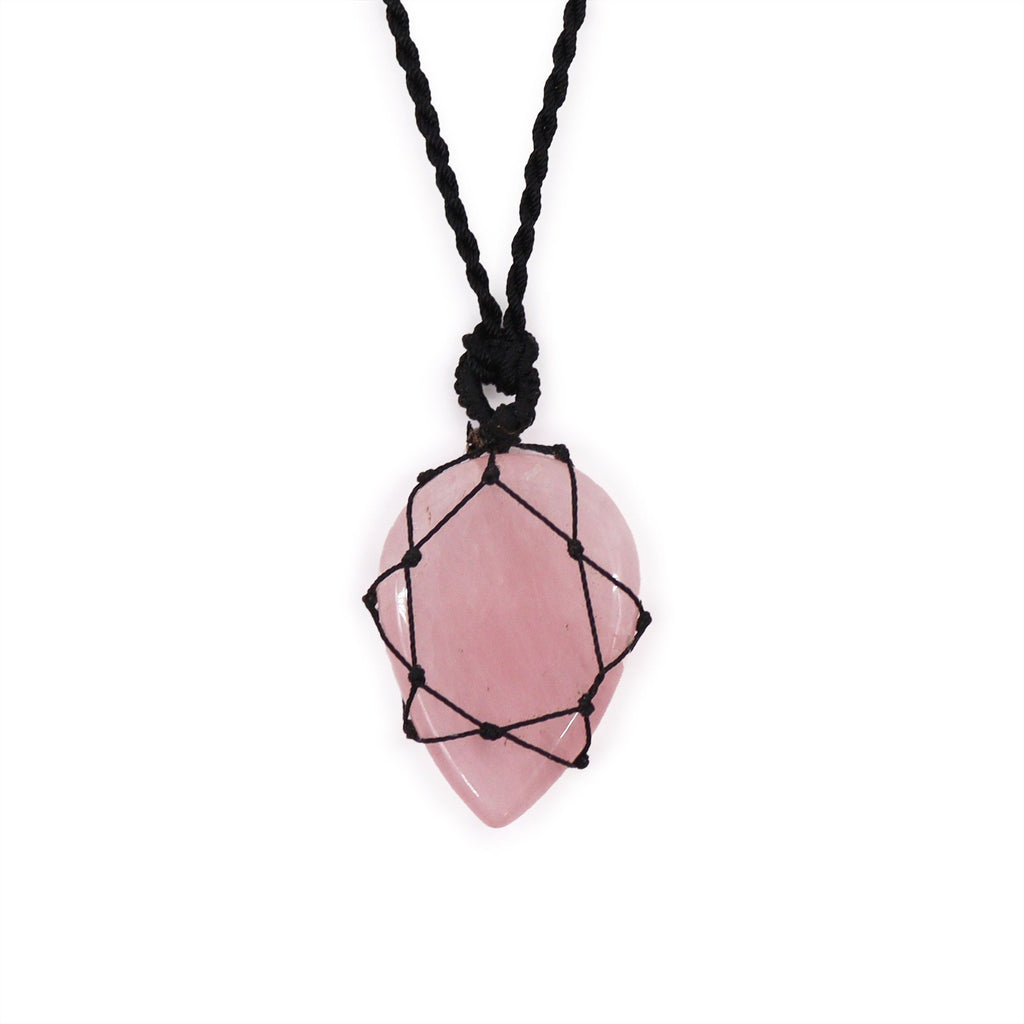 Laced Gemstone Teardrop Pendant in Rose Quartz with Adjustable String
