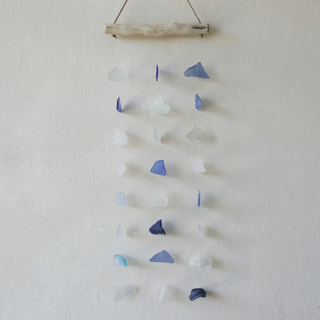 Three Drop Blue and White Recycled Glass Wind Chimes