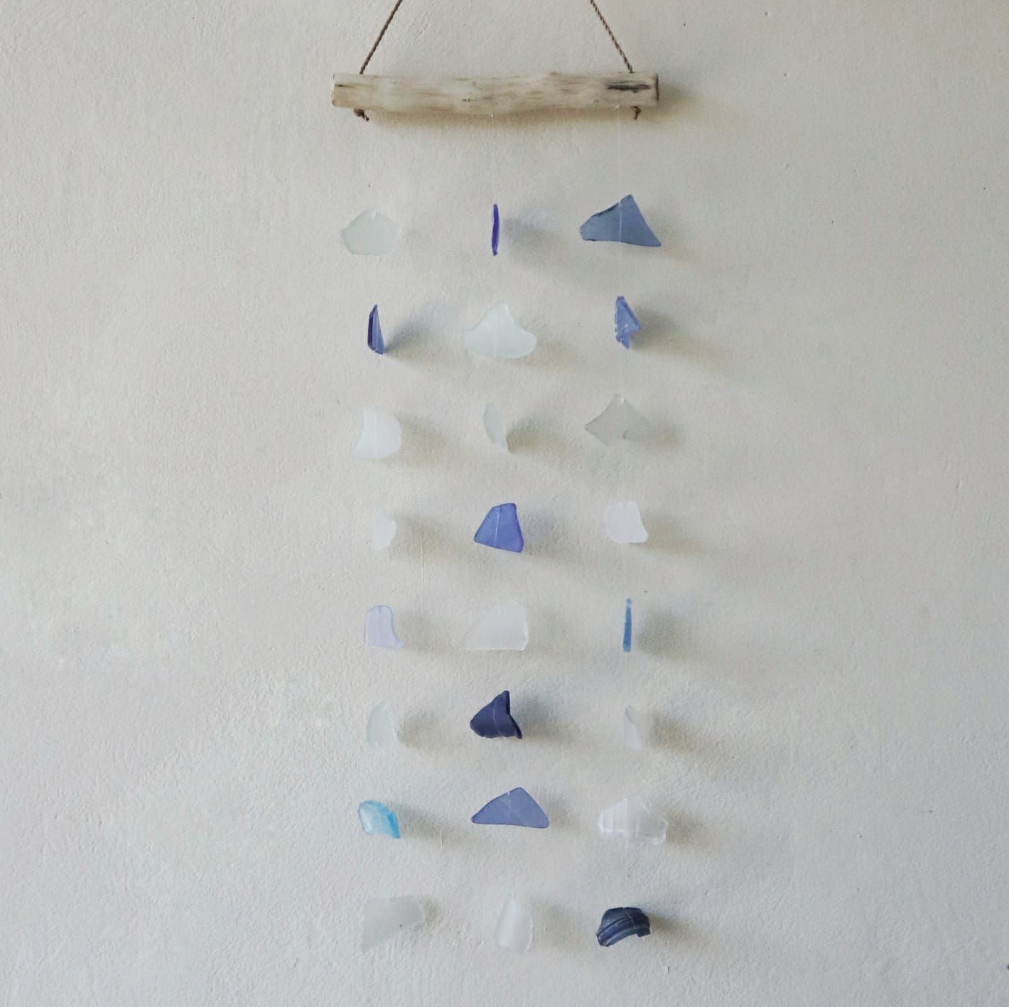 Three Drop Blue and White Recycled Glass Wind Chimes