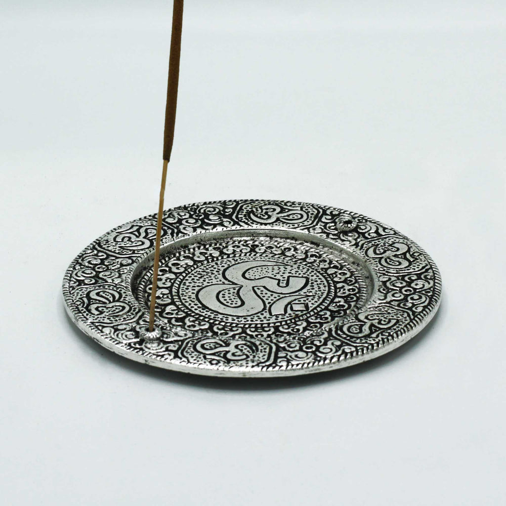 Polished Aluminium Om Round Incense Holder for Home Decor