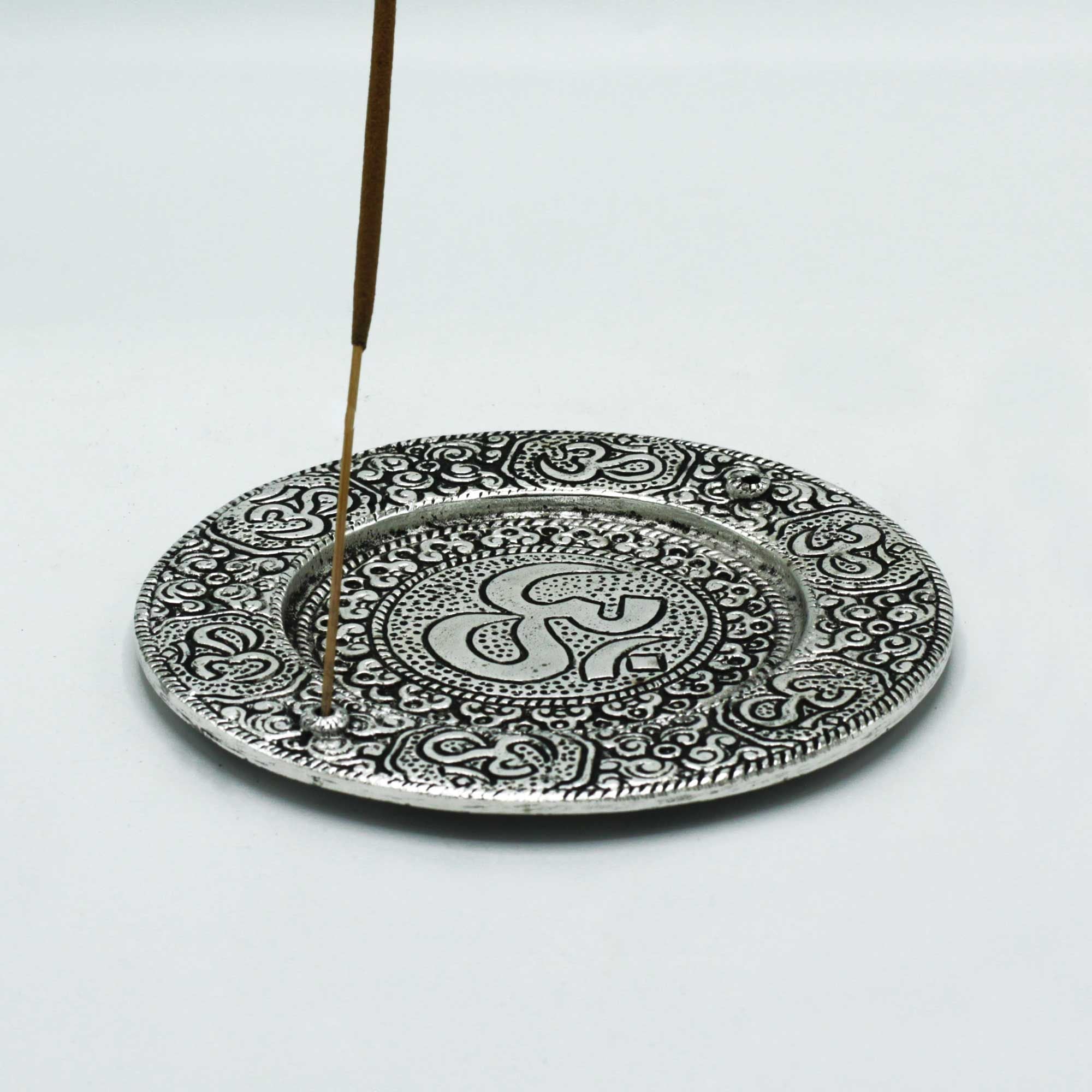 Polished Aluminium Om Round Incense Holder for Home Decor
