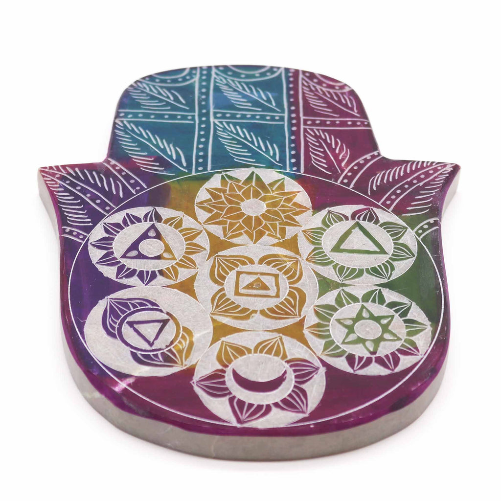 Soapstone Large Hamsa Incense Holder with 7 Chakra Design