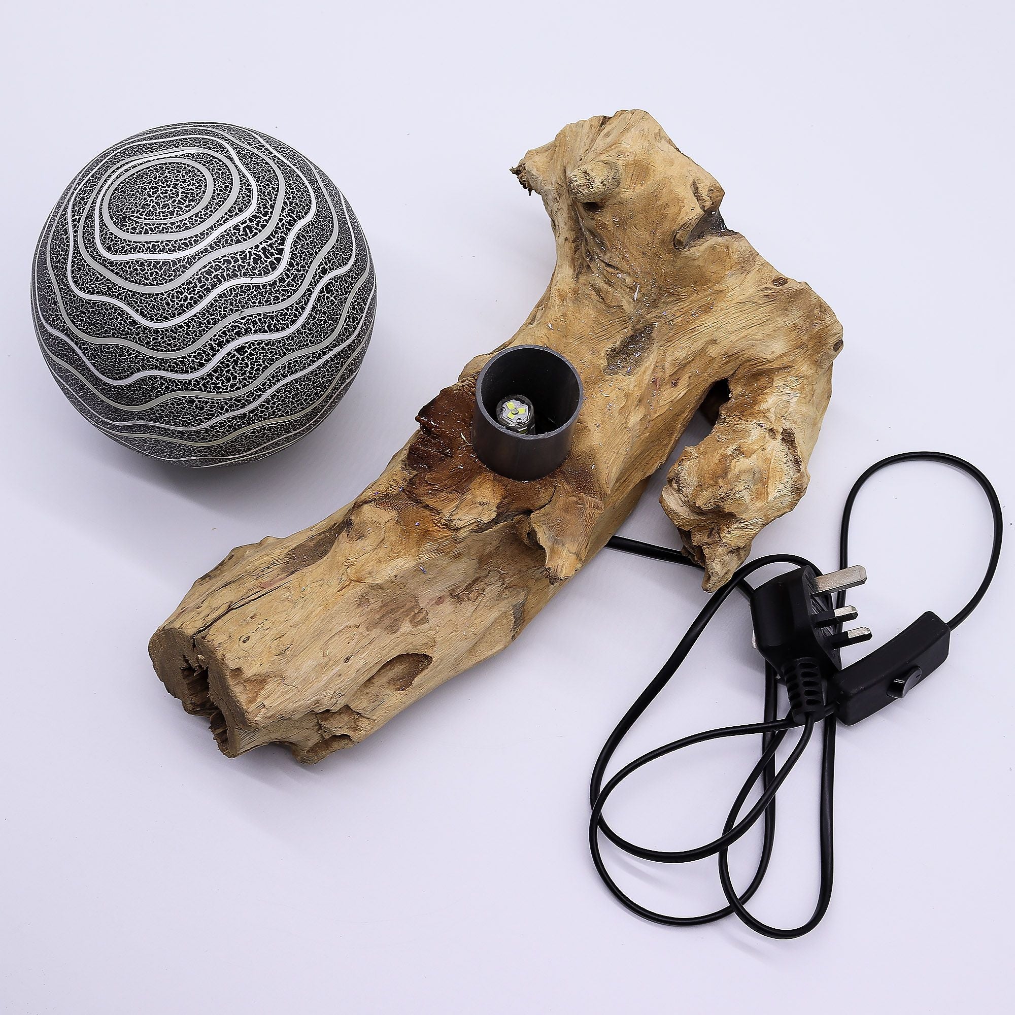 DriftGlow Lamp with Grey Luna Shade and Unique Driftwood Base