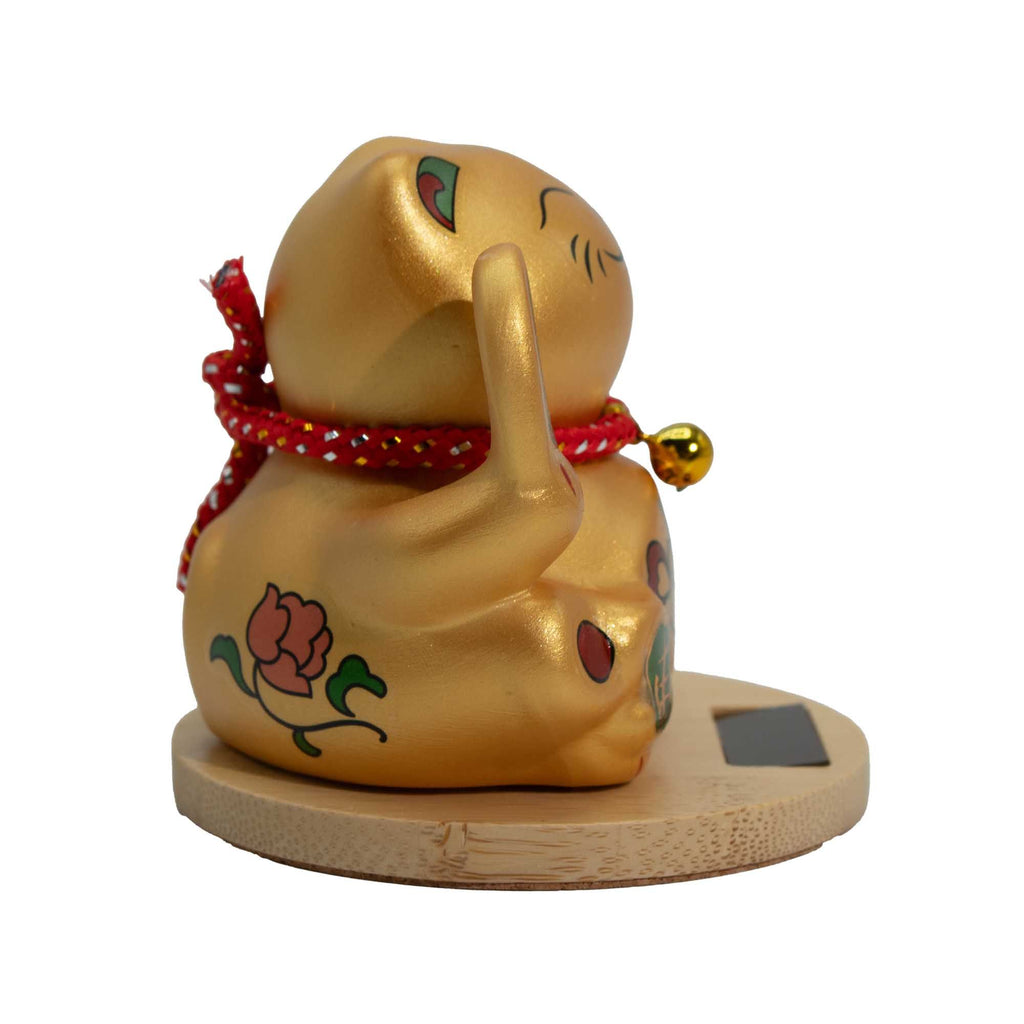 Solar Money Cat with Wooden Base and Gold Moving Hand for Decor