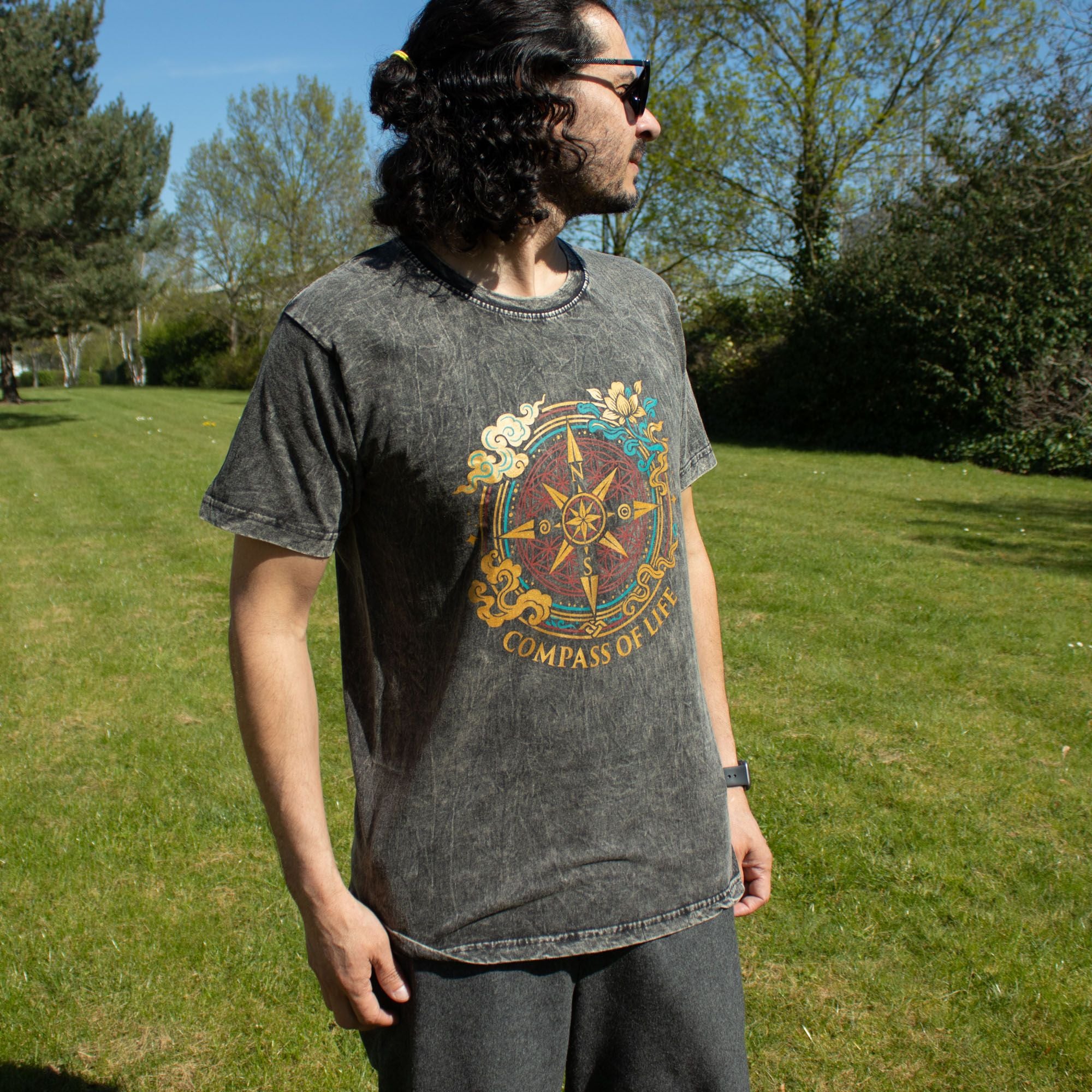 Nomad Sari Stonewashed Cotton T Shirt with Compass Design Charcoal